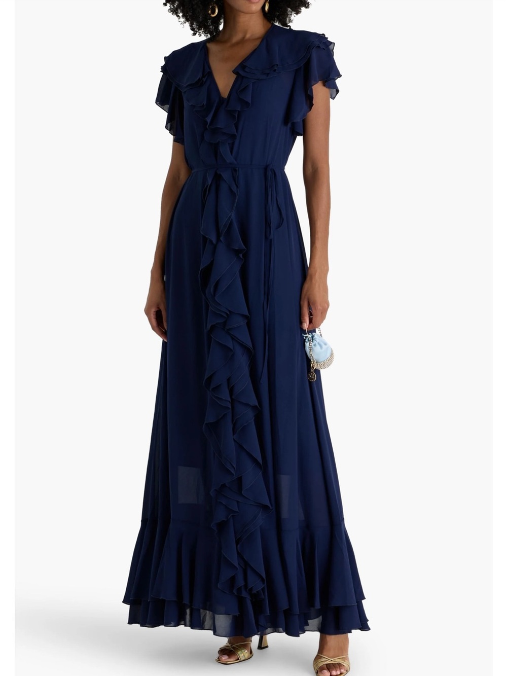 Mikael Aghal Deep Navy Ruffle-Front Maxi Dress